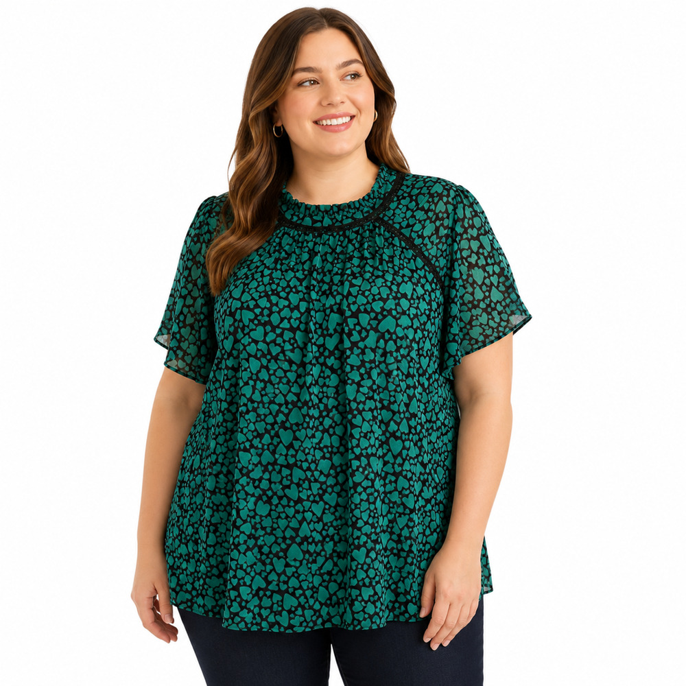 Torrid Green Black Chiffon Pleated Crochet Heart Print Top Shirt Blouse sz 2X